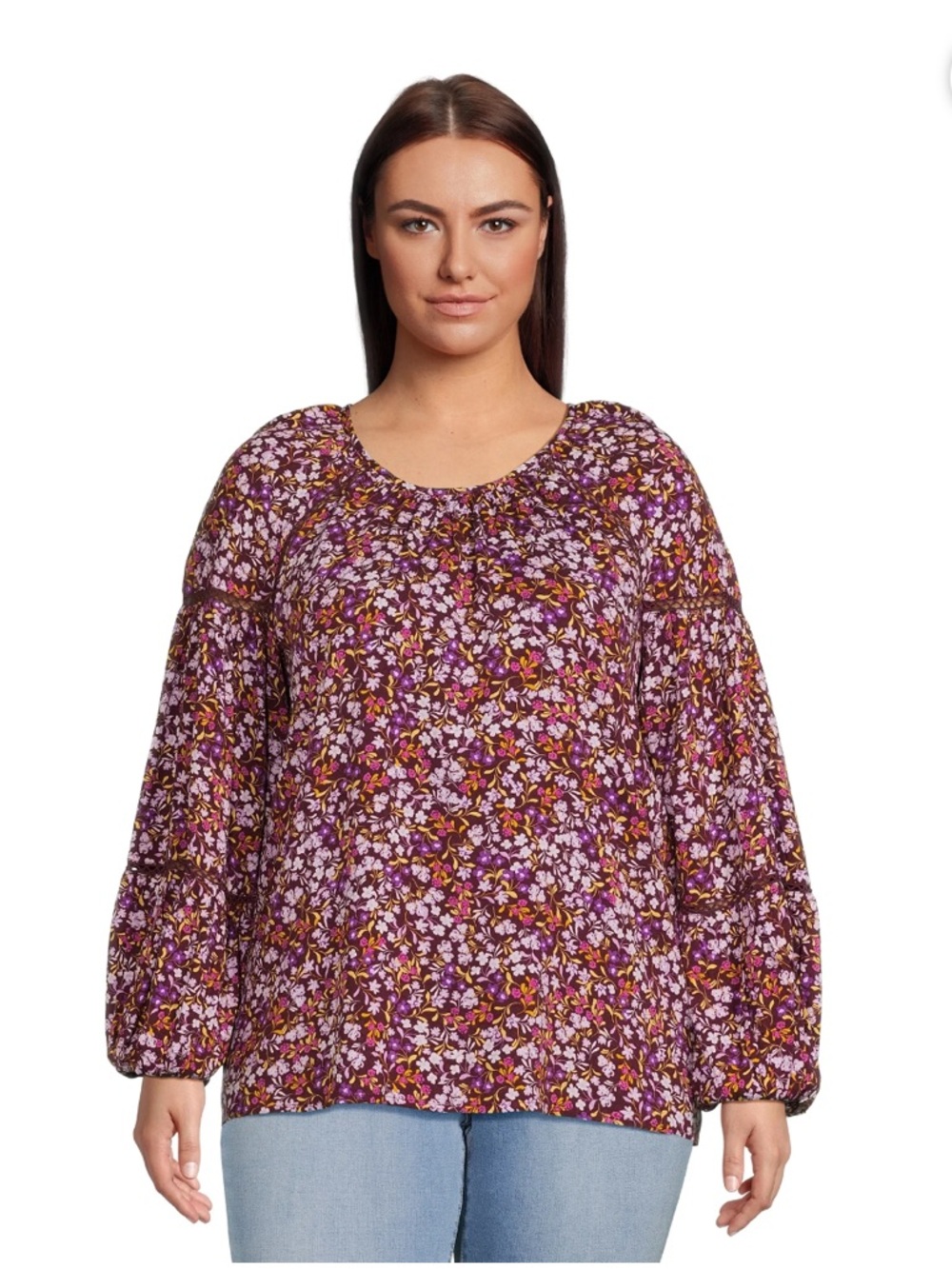 Terra & Sky Purple Floral Puff-Sleeve Blouse